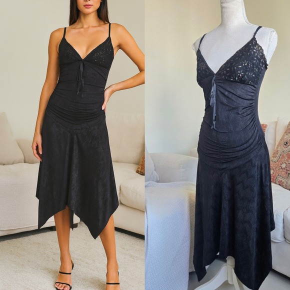 Vtg Y2K Lette M Whimsygoth Fairy Black Sheer Asymmetric Stretch Babydoll Dress - Picture 1 of 14